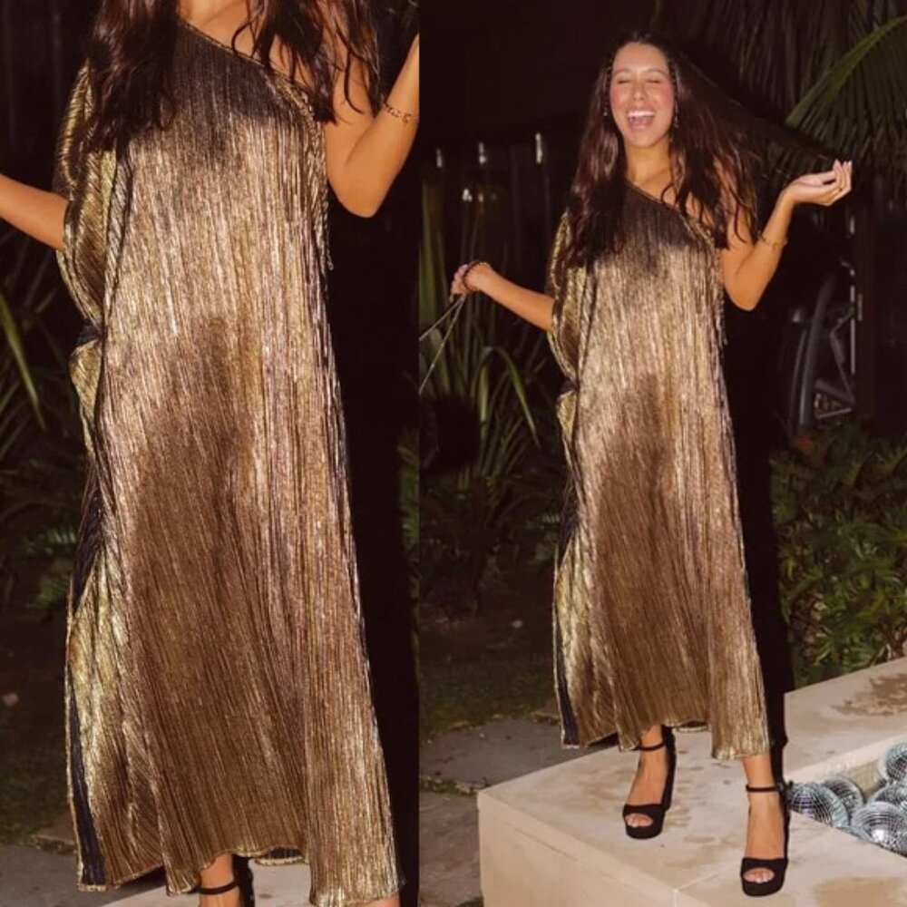 Show Me Your MuMu Gold/Brown Pleated Maxi Dress